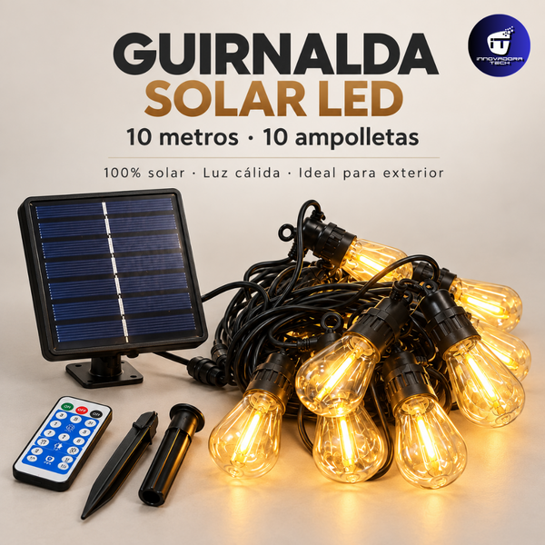 Guirnalda Solar LED 10 Metros – 10 Ampolletas Luz Cálida para Exterior