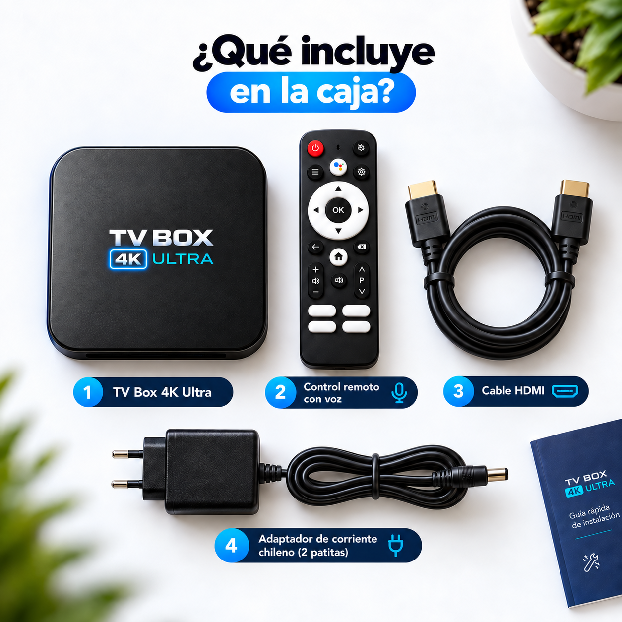 Contenido de la caja: TV Box 4K Ultra, control remoto, cable HDMI y adaptador de corriente