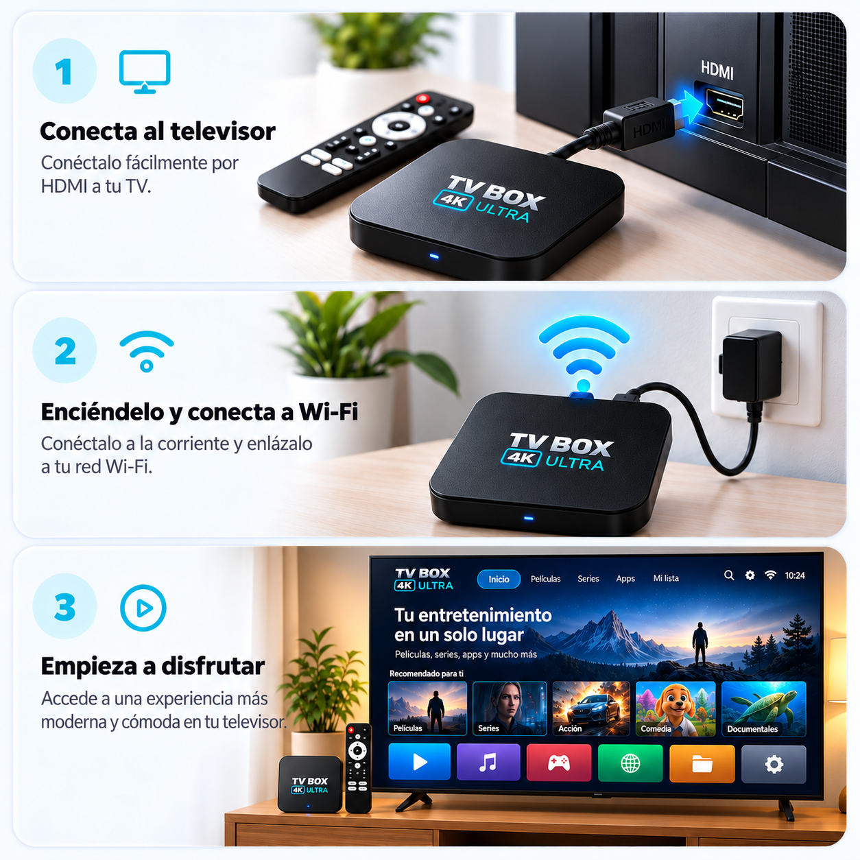 Cómo instalar TV Box 4K Ultra en 3 pasos: conectar al televisor por HDMI, encenderlo y conectarlo a Wi-Fi, y empezar a disfrutar