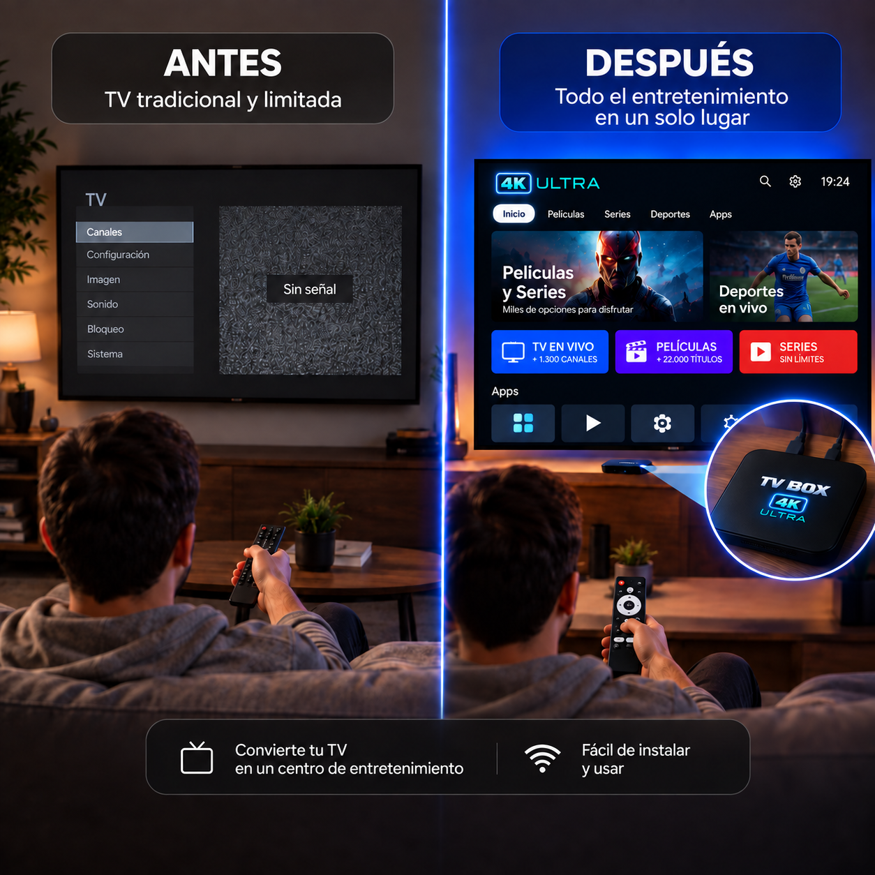 Antes y después: TV tradicional versus TV Box 4K Ultra
