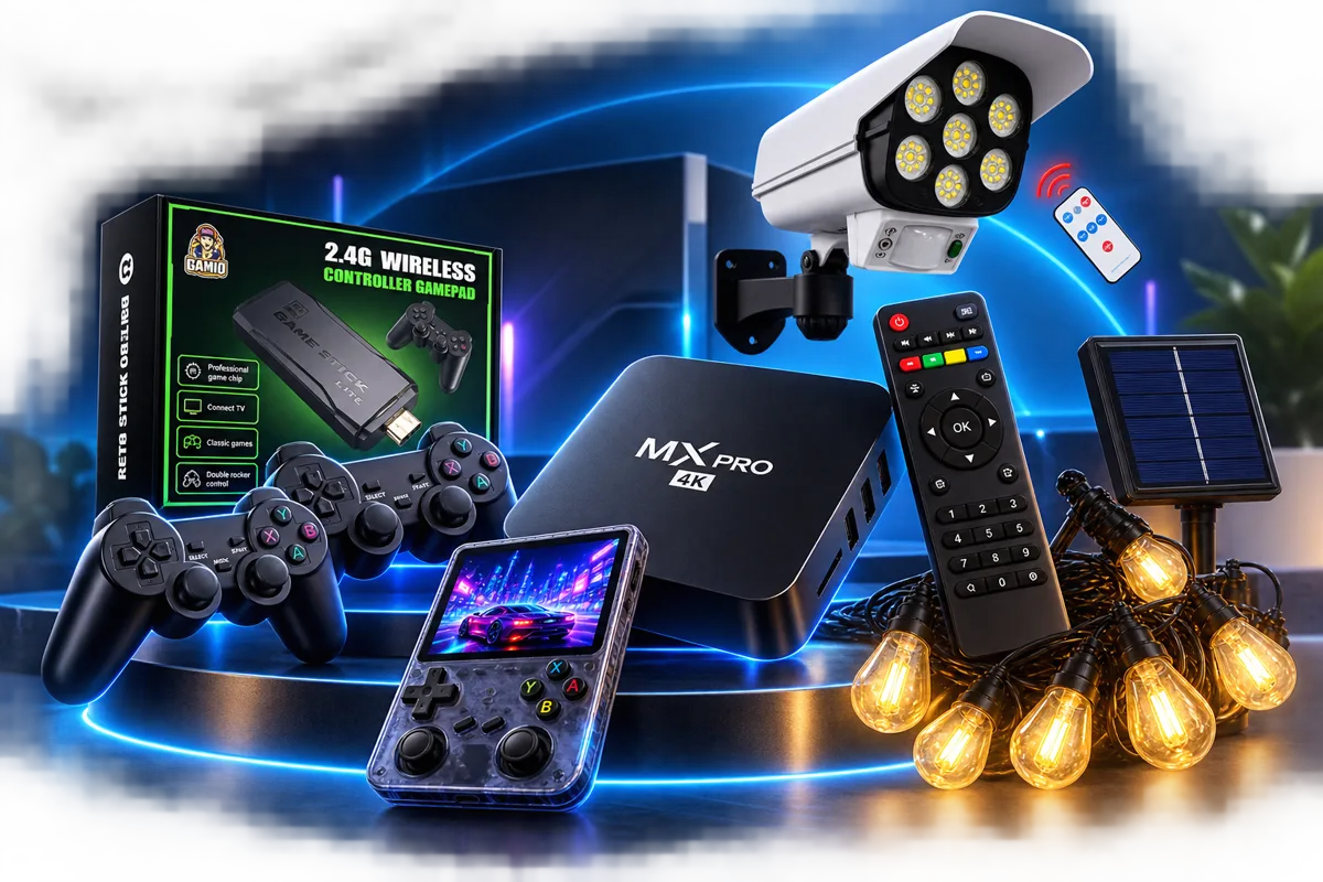 Selección de productos Innovadora Tech: TV Box 4K, consola retro, cámara de seguridad solar, control remoto y guirnalda solar LED